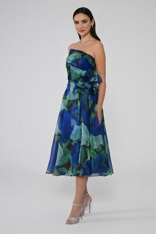 Straplez İçi Tafta Dışı İpek Organze Kumaş Midi Elbise SAKS DESEN - 36