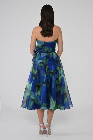 Straplez İçi Tafta Dışı İpek Organze Kumaş Midi Elbise SAKS DESEN - 36