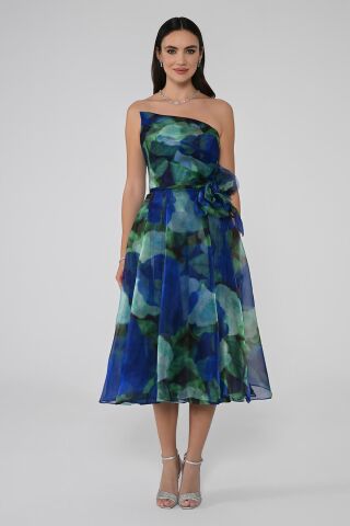 Straplez İçi Tafta Dışı İpek Organze Kumaş Midi Elbise SAKS DESEN - 36