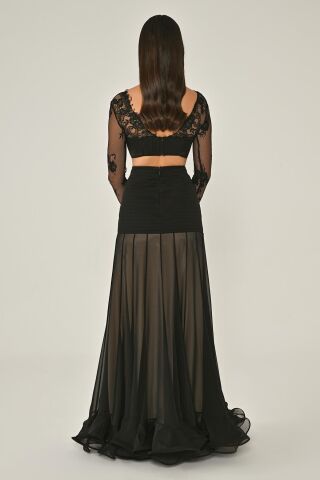 Üst Dantel Göğüs Saten Bağlamalı Eteği Şifon Uzun Elbise Siyah - 42