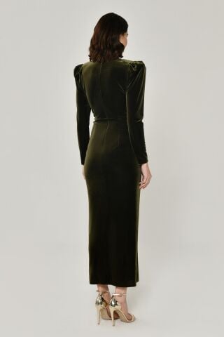 Uzun Kol Derin V Yaka Kadife Midi Elbise Nefti - 38