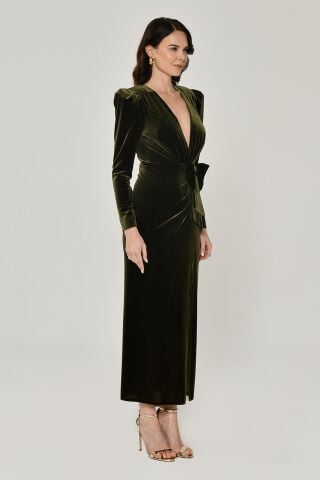 Uzun Kol Derin V Yaka Kadife Midi Elbise Nefti - 38