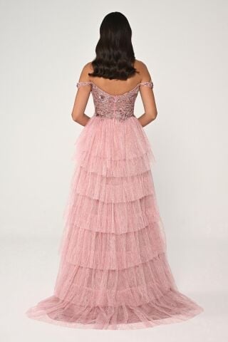 Düşük Omuz Katlı Simli Tül Dantel Etek Uzun Elbise Pembe - 38