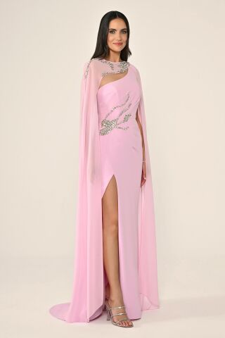 Pelerinli Taş İşlemeli Krep Uzun Elbise Pembe - 44