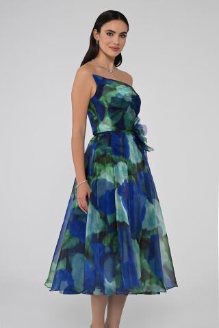 Straplez İçi Tafta Dışı İpek Organze Kumaş Midi Elbise SAKS DESEN - 42