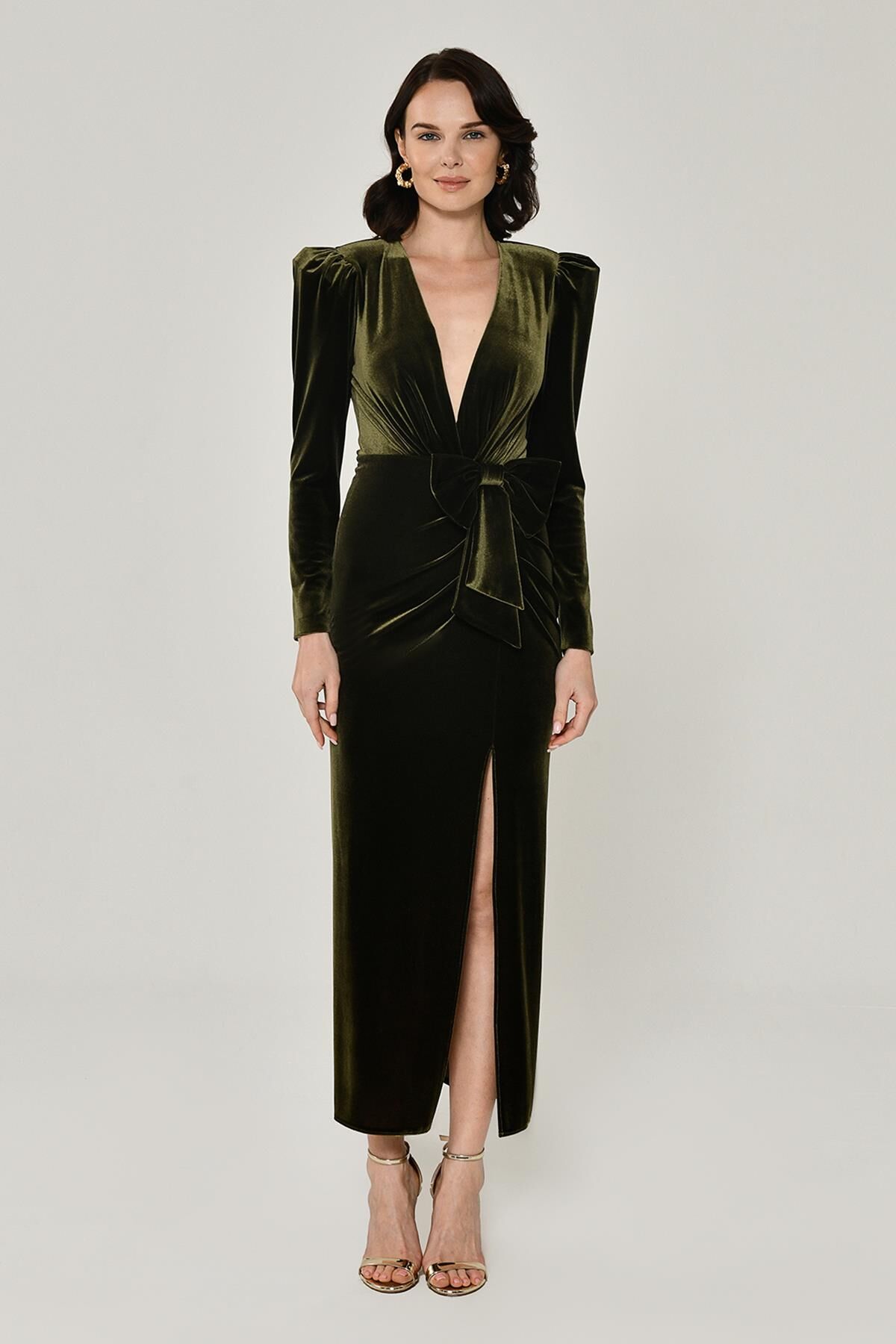 Uzun Kol Derin V Yaka Kadife Midi Elbise Nefti - 40