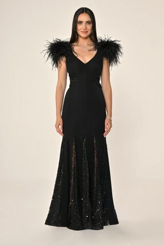 Langes Kleid mit Pailletten-Taille und schulterfreiem Rock