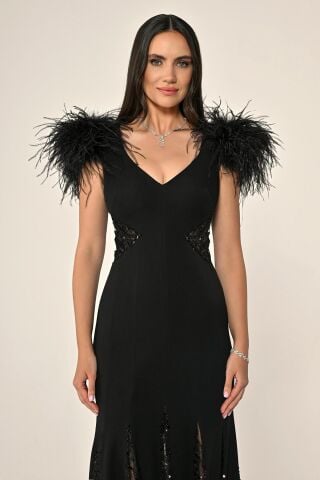 Langes Kleid mit Pailletten-Taille und schulterfreiem Rock