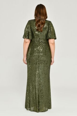 V Yaka Büzgülü Payet Kumaş Uzun Elbise Nefti - 46