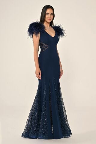 Omuzları Otrişli Bel Sırt ve Eteği Payetli Örme Kumaş Uzun Elbise Lacivert - 40