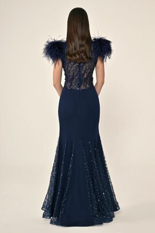 Omuzları Otrişli Bel Sırt ve Eteği Payetli Örme Kumaş Uzun Elbise Lacivert - 40