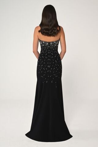 Straplez Taş İşlemeli Krep Uzun Elbise Siyah - 42