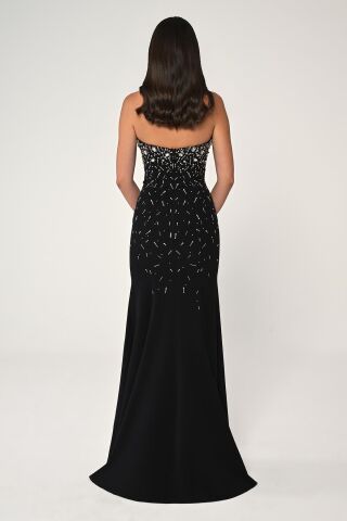 Straplez Taş İşlemeli Krep Uzun Elbise Siyah - 42