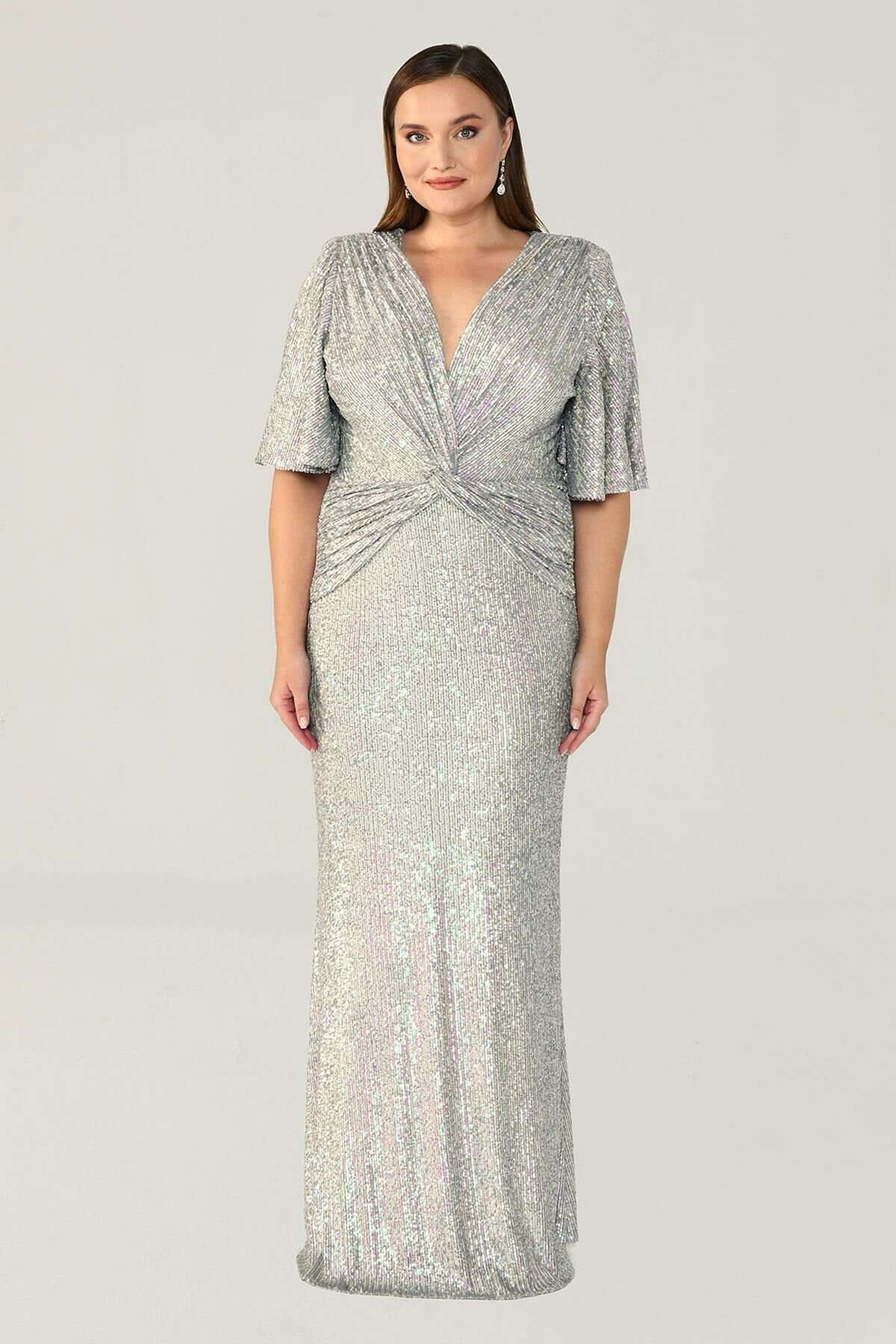 V Yaka Büzgülü Payet Kumaş Uzun Elbise GRİ JANJAN - 48