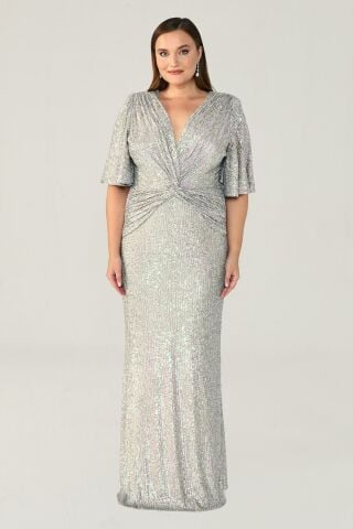 V Yaka Büzgülü Payet Kumaş Uzun Elbise GRİ JANJAN - 48