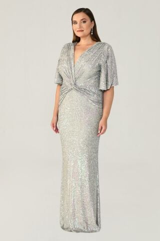 V Yaka Büzgülü Payet Kumaş Uzun Elbise GRİ JANJAN - 48