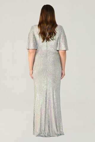 V Yaka Büzgülü Payet Kumaş Uzun Elbise GRİ JANJAN - 48