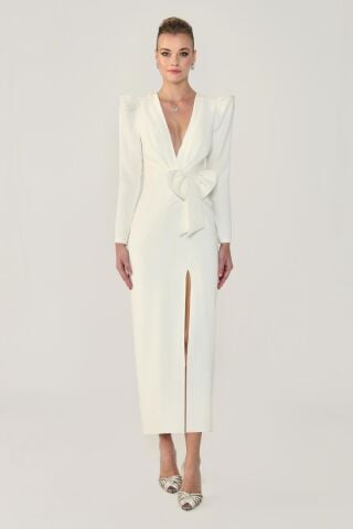 V Yaka Uzun Kollu Yırtmaçlı Uzun Elbise Beyaz - 42