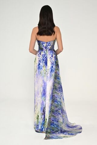 Kayık Yaka Yırtmaçlı Desenli Saten Elbise MOR / YEŞİL - 44