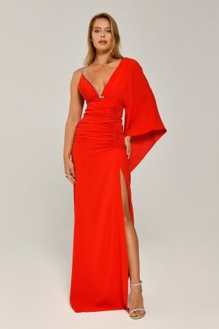 Tek Kol V Yaka Yırtmaçlı Uzun Elbise MERCAN - 42