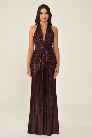 Boyundan Askılı V Yaka Drapeli Payet Uzun Elbise