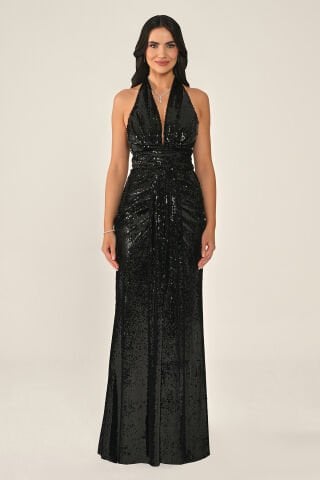 Boyundan Askılı V Yaka Drapeli Payet Uzun Elbise