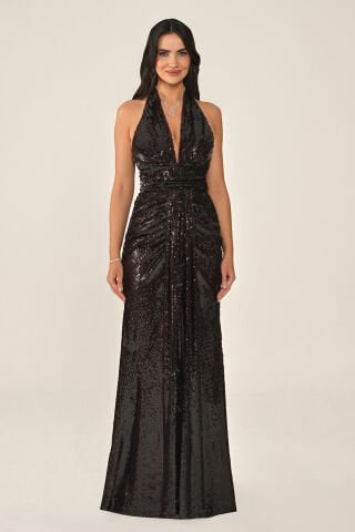 Boyundan Askılı V Yaka Drapeli Payet Uzun Elbise