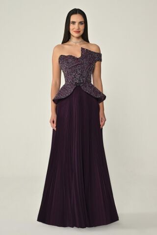 Tek Düşük Omuz Üstü Payet Eteği Pliseli Şifon Uzun Elbise Mürdüm - 38