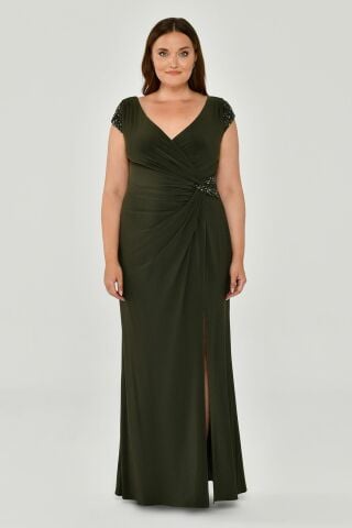 V Yaka Kısa Kollu Beli Aksesuarlı Yırtmaçlı Uzun Elbise Nefti - 44