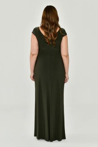 V Yaka Kısa Kollu Beli Aksesuarlı Yırtmaçlı Uzun Elbise Nefti - 44