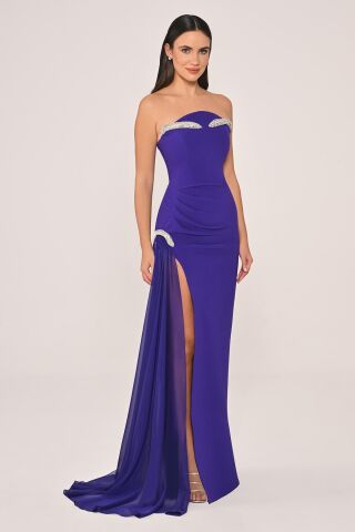 Strapzlez Aksesuarlı Yandan Şifon Kuyruklu Krep Uzun Elbise Mor - 38