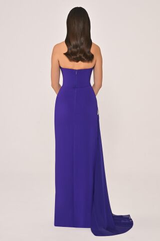 Strapzlez Aksesuarlı Yandan Şifon Kuyruklu Krep Uzun Elbise Mor - 38