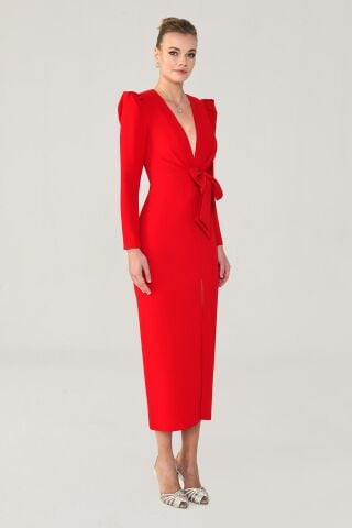 V Yaka Uzun Kollu Yırtmaçlı Uzun Elbise Kırmızı - 42