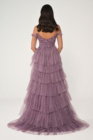 Düşük Omuz Katlı Simli Tül Dantel Etek Uzun Elbise GÜL KURUSU - 40