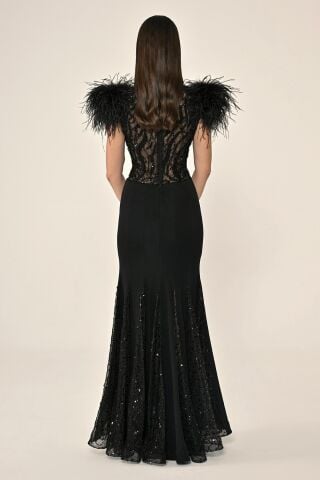 Omuzları Otrişli Bel Sırt ve Eteği Payetli Örme Kumaş Uzun Elbise Siyah - 44