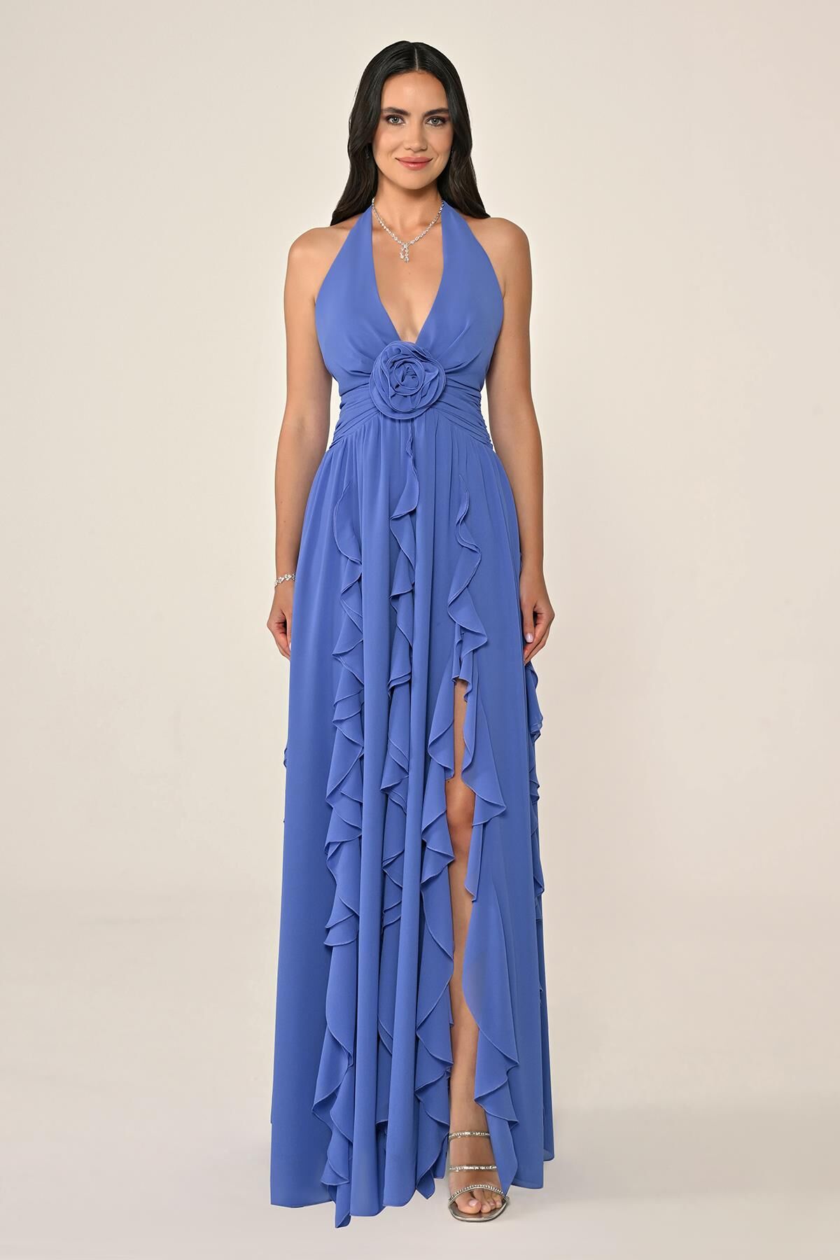 Deep V Neck Floral Accessory Chiffon Long Dress
