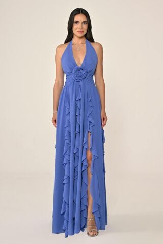 Deep V Neck Floral Accessory Chiffon Long Dress
