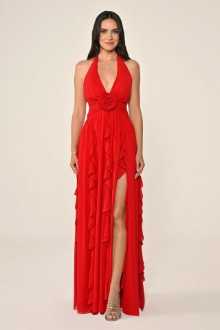 Deep V Neck Floral Accessory Chiffon Long Dress