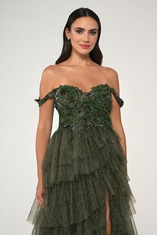 Düşük Omuz Katlı Simli Tül Dantel Etek Uzun Elbise Nefti - 36