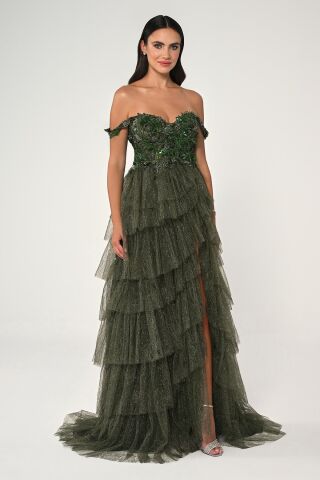 Düşük Omuz Katlı Simli Tül Dantel Etek Uzun Elbise Nefti - 36