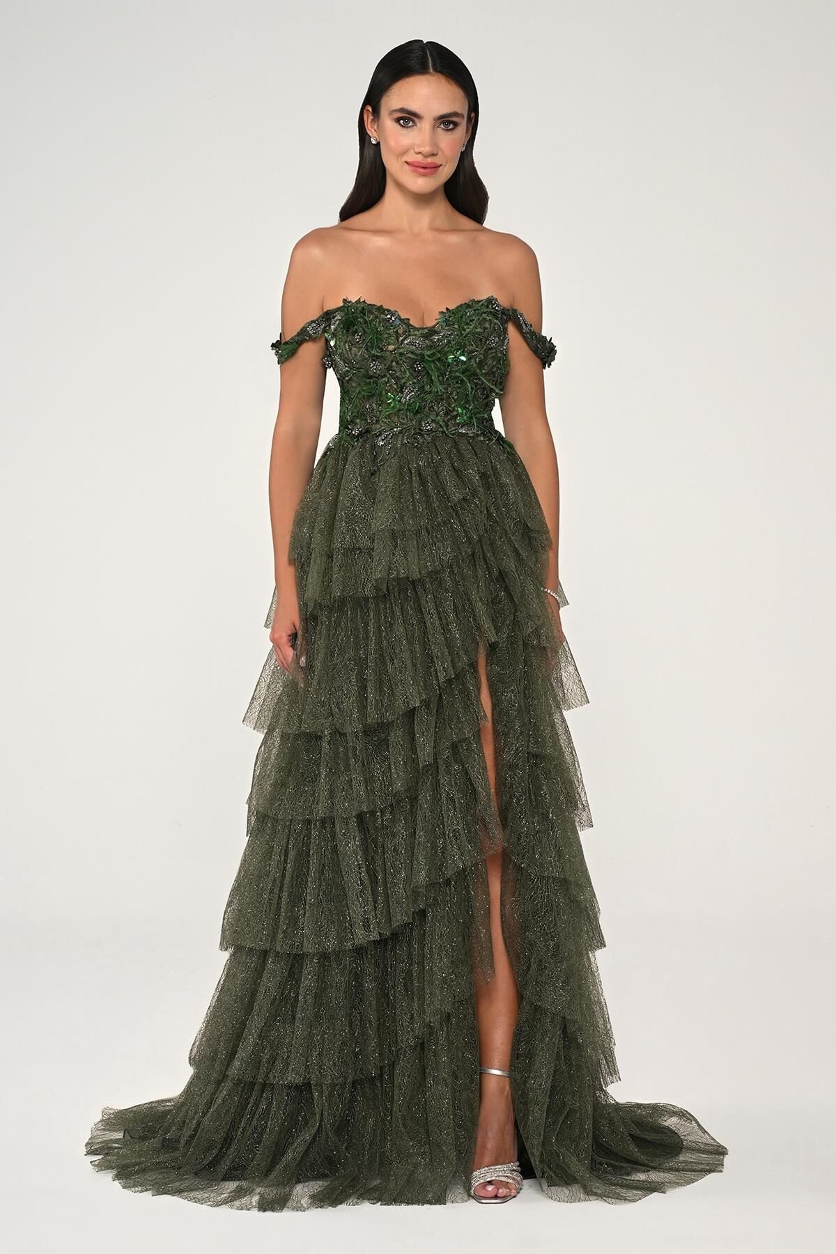 Düşük Omuz Katlı Simli Tül Dantel Etek Uzun Elbise Nefti - 36