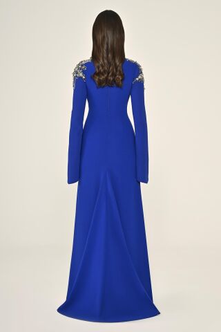 İşlemeli Üst Uzun Kollu Krep Uzun Elbise SAKS - 38