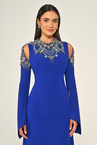 İşlemeli Üst Uzun Kollu Krep Uzun Elbise SAKS - 40