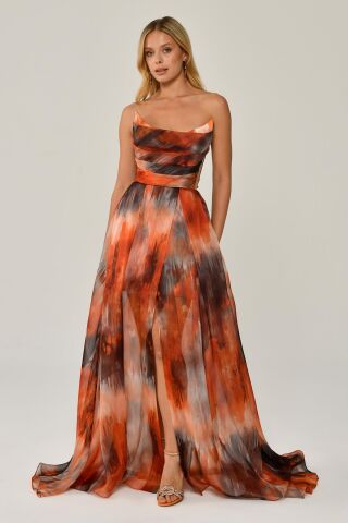 Kayık Yaka Desenli Tül Uzun Elbise ORANGE DESEN - 42