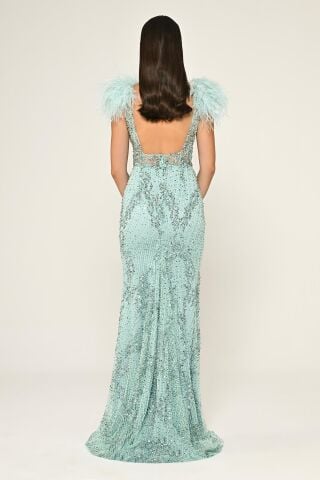 Omzu Otrişli Taşlı Uzun Elbise MİNT - 38