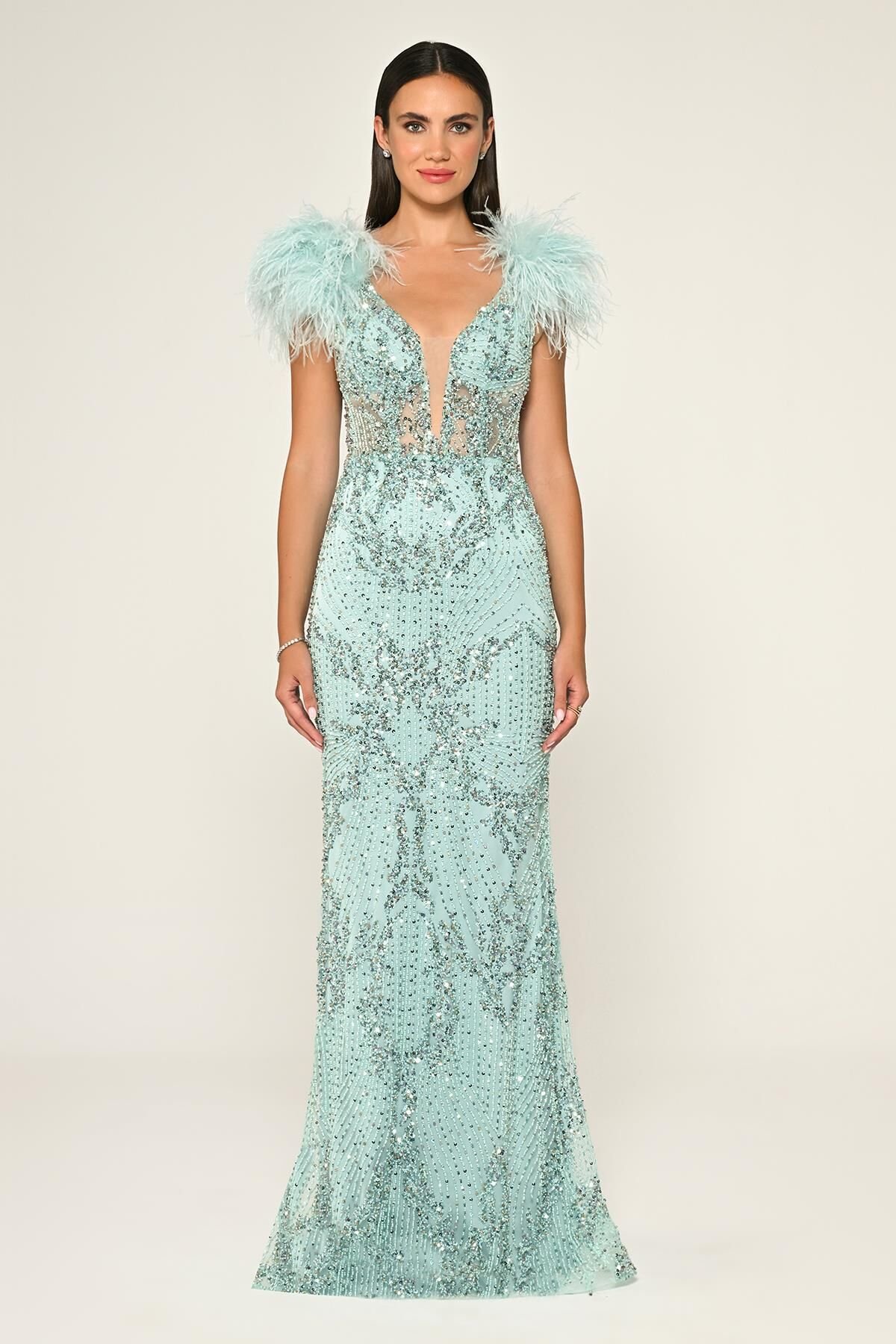 Omzu Otrişli Taşlı Uzun Elbise MİNT - 38