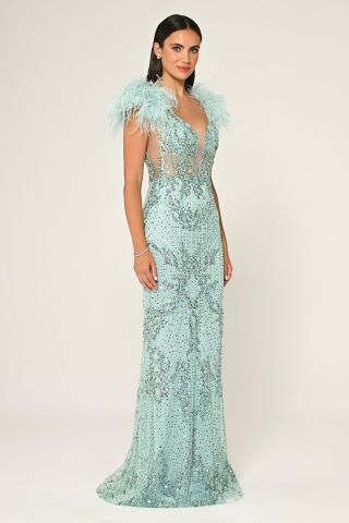 Omzu Otrişli Taşlı Uzun Elbise MİNT - 38