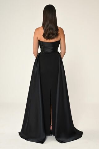 Boyundan Geçmeli Çiçek Aksesuarlı Uzun Elbise Siyah - 42