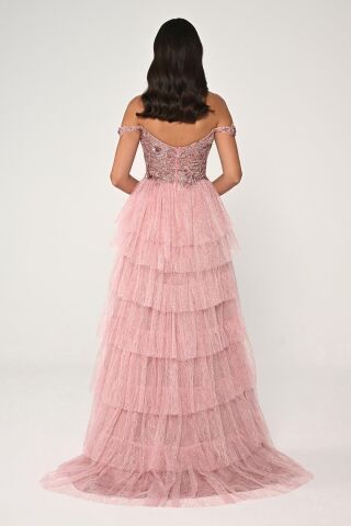 Düşük Omuz Katlı Simli Tül Dantel Etek Uzun Elbise Pembe - 40