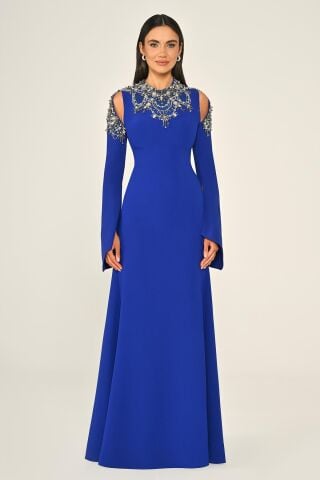 İşlemeli Üst Uzun Kollu Krep Uzun Elbise SAKS - 42